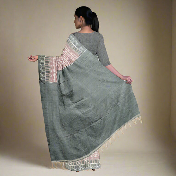 Dusty Pink & Grey Inter Box Bandha Cotton Saree - Contemporary Handwoven Elegance