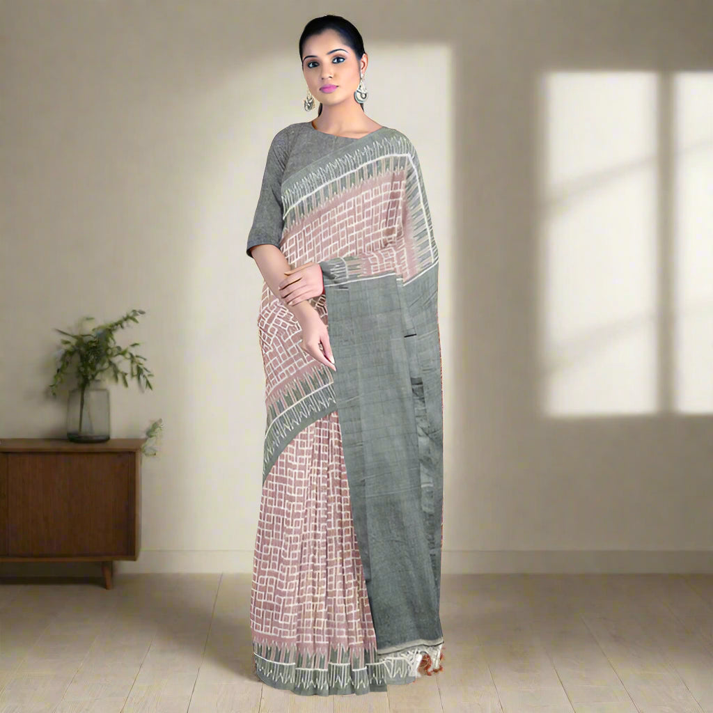 Dusty Pink & Grey Inter Box Bandha Cotton Saree - Contemporary Handwoven Elegance