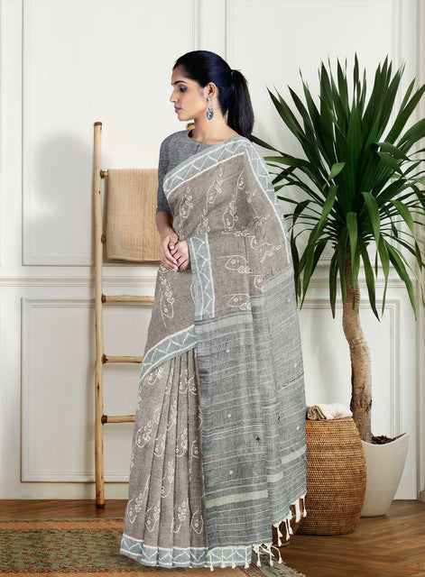 KHANDUA Grey Body Saree with Leaf Bandha Design | Handwoven Silk Saree | Traditional Odisha Saree for Women | Festive & Wedding Wear