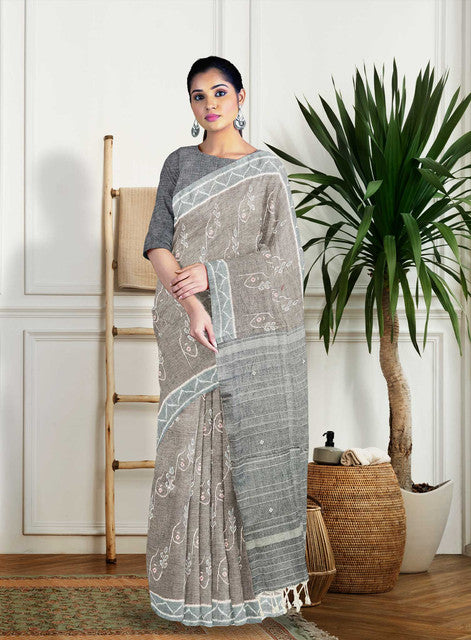 KHANDUA Grey Body Saree with Leaf Bandha Design | Handwoven Silk Saree | Traditional Odisha Saree for Women | Festive & Wedding Wear