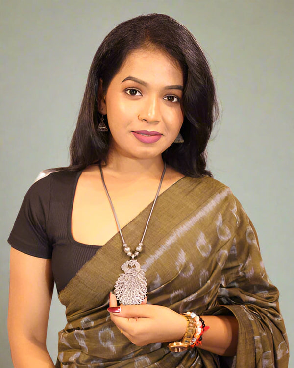 Mehendi Green Full Body Contemporary Ikkat Pattern Cotton Saree with Striped Pallu – Handwoven Elegance