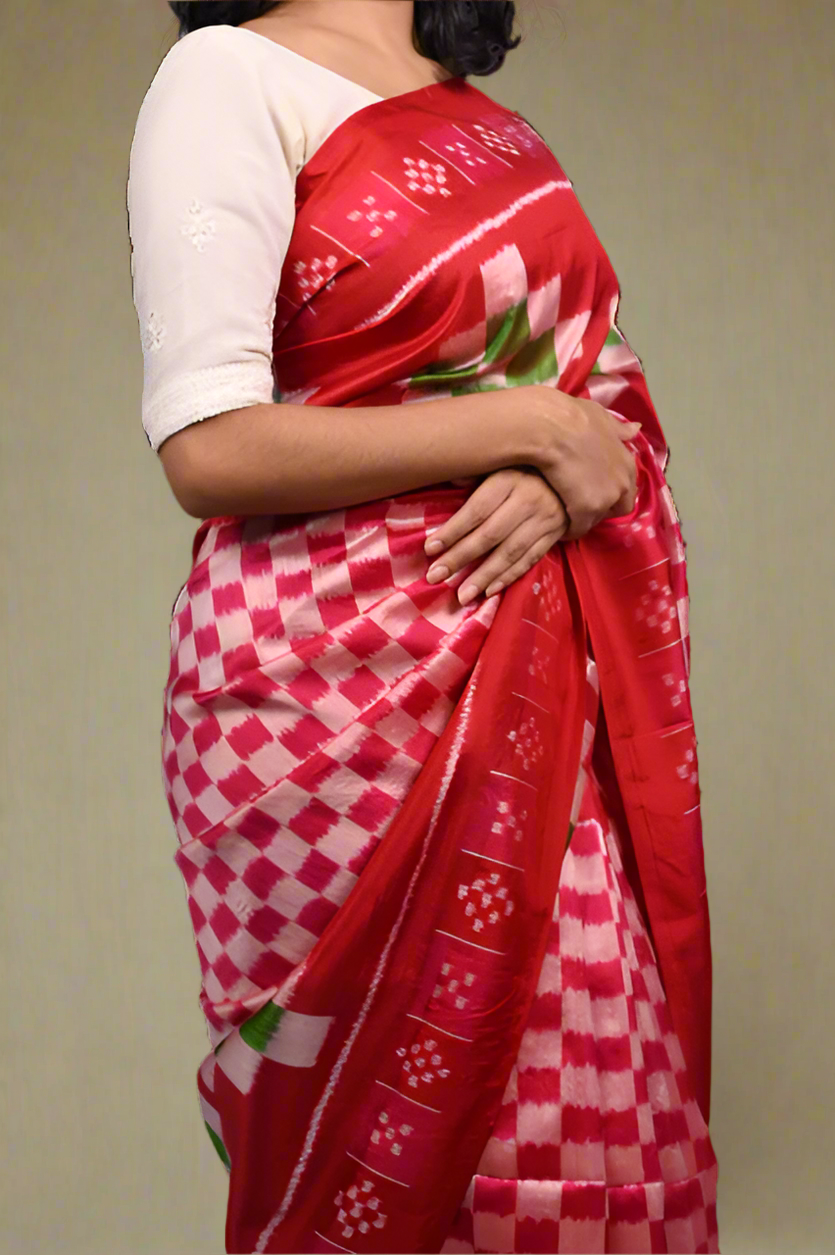 Red & Pink Pasapali Khandua Silk Saree – Traditional Handwoven Elegance
