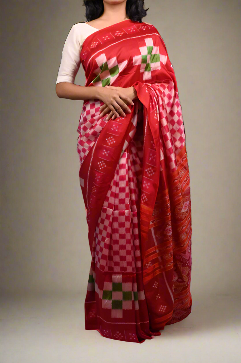 Red & Pink Pasapali Khandua Silk Saree – Traditional Handwoven Elegance
