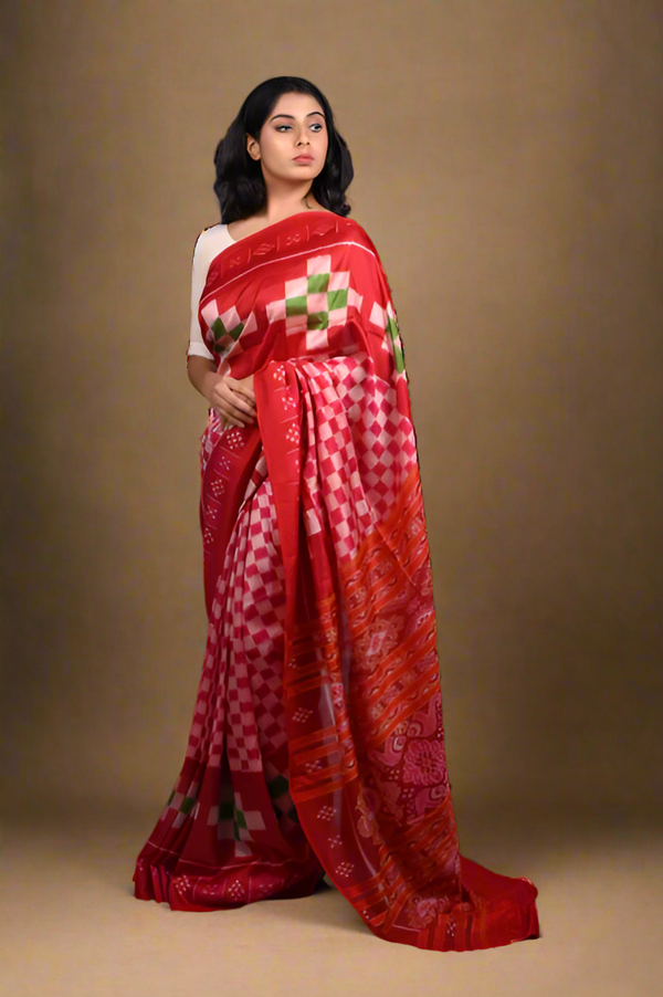 Red & Pink Pasapali Khandua Silk Saree – Traditional Handwoven Elegance