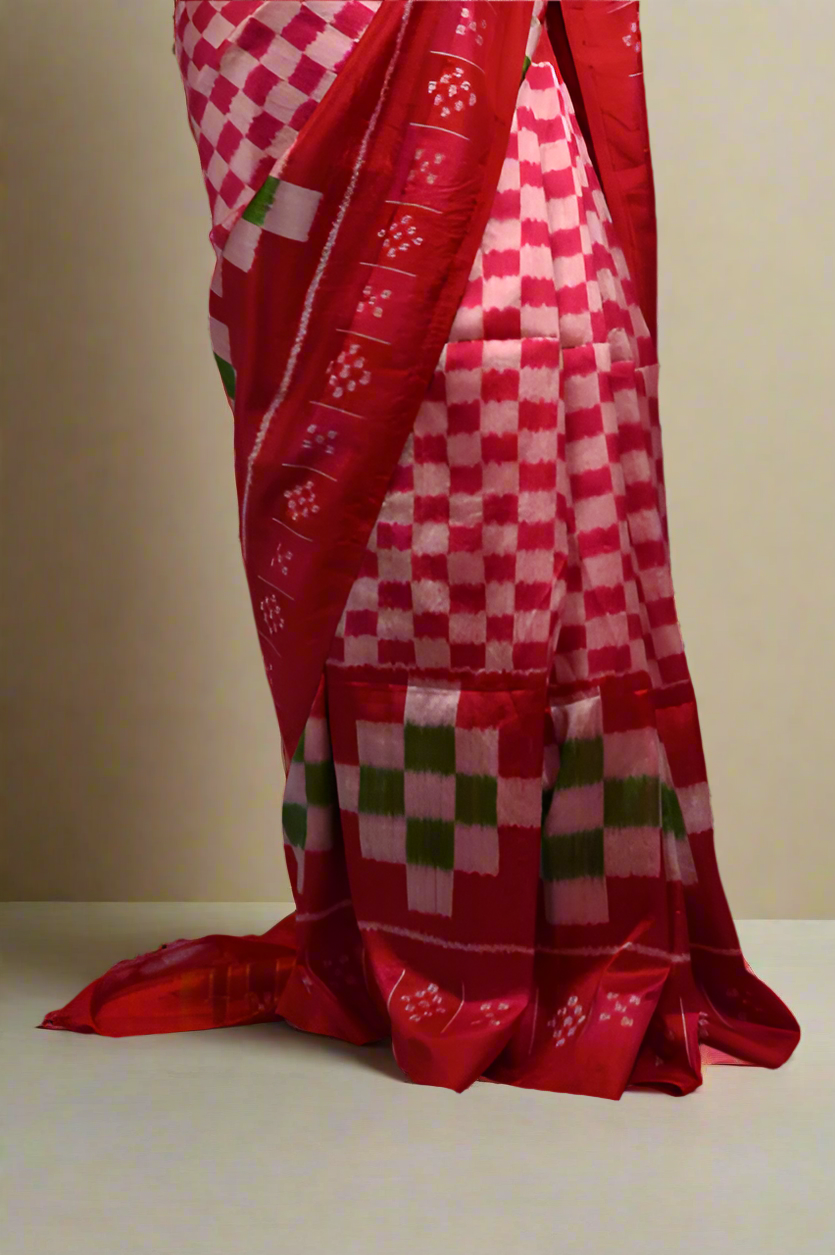Red & Pink Pasapali Khandua Silk Saree – Traditional Handwoven Elegance