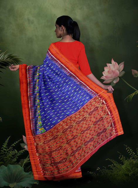 Traditional Khandua Silk Saree – Blue Body with Red Bandha Pallu & Small Green Flower Bandha Design – Handwoven Pure Silk Saree for Women
