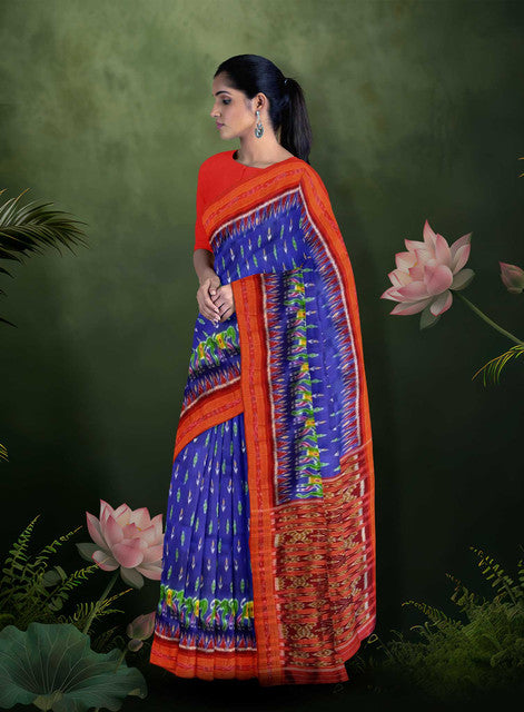 Traditional Khandua Silk Saree – Blue Body with Red Bandha Pallu & Small Green Flower Bandha Design – Handwoven Pure Silk Saree for Women