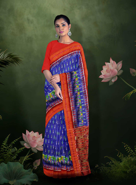 Traditional Khandua Silk Saree – Blue Body with Red Bandha Pallu & Small Green Flower Bandha Design – Handwoven Pure Silk Saree for Women