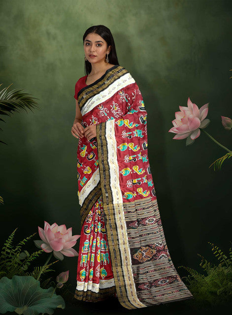 Oditribe Multi-Color Khandua Silk Saree – Handwoven Traditional Elegance with Vibrant Hues