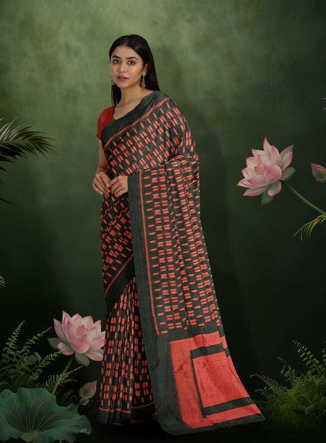 Red & Black Contemporary Bandha Design Khandua Silk Saree – Handwoven Traditional Odisha Saree for Women