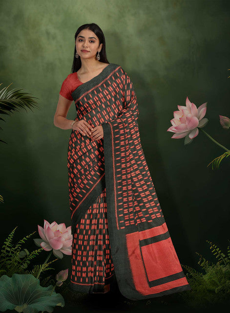 Red & Black Contemporary Bandha Design Khandua Silk Saree – Handwoven Traditional Odisha Saree for Women