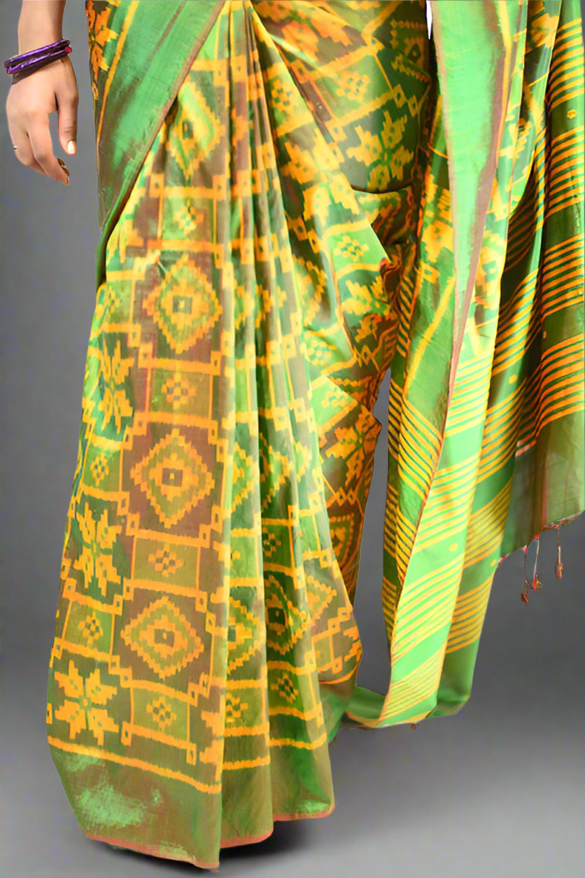 Khandua Handwoven Silk Saree – Green & Yellow | Whole Body Bandha Design | Contemporary Striped Pallu | Traditional Odisha Weave