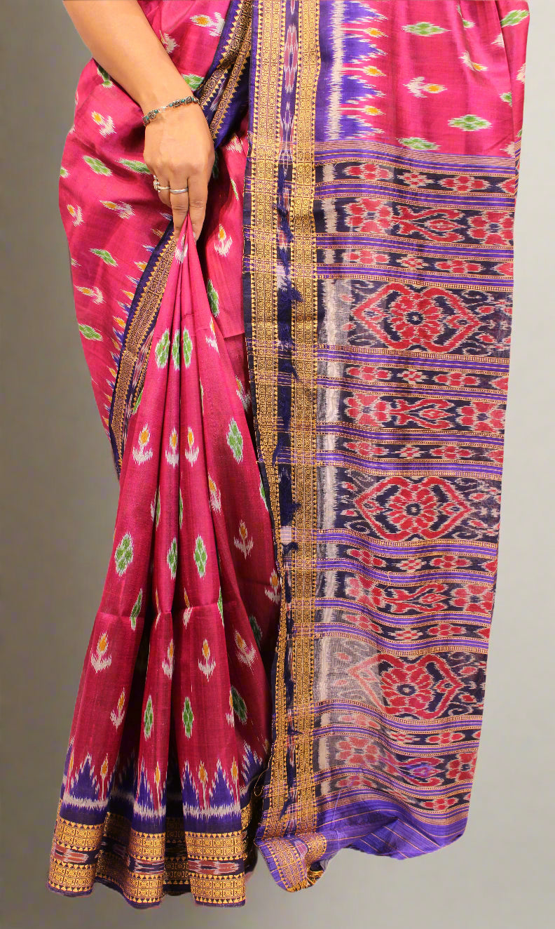 Khandua Rani Pink Saree with Small Flower Body Bandha and Blue Bandha Pallu – Handwoven Traditional Silk
