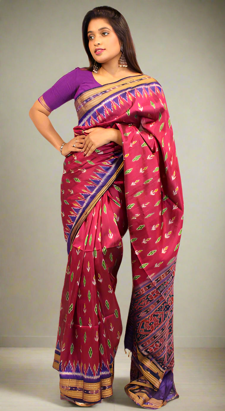 Khandua Rani Pink Saree with Small Flower Body Bandha and Blue Bandha Pallu – Handwoven Traditional Silk