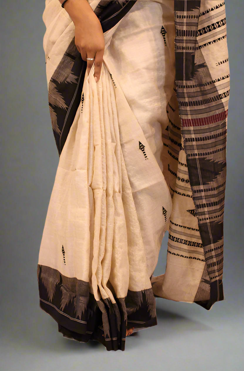 Black & Offwhite Kite Motif Ganga Jamuna Kotpad Tussar Silk Saree | Handwoven | Natural Dyed | Ethnic Traditional Wear