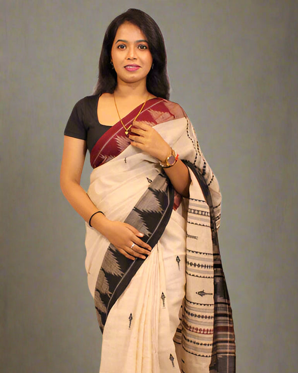 Black & Offwhite Kite Motif Ganga Jamuna Kotpad Tussar Silk Saree | Handwoven | Natural Dyed | Ethnic Traditional Wear