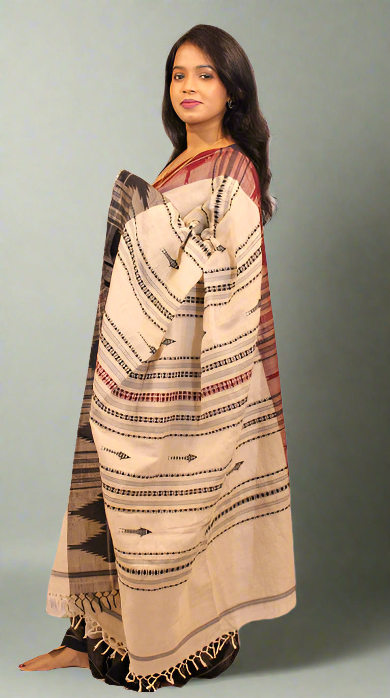 Black & Offwhite Kite Motif Ganga Jamuna Kotpad Tussar Silk Saree | Handwoven | Natural Dyed | Ethnic Traditional Wear