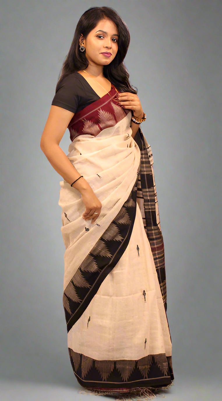 Black & Offwhite Kite Motif Ganga Jamuna Kotpad Tussar Silk Saree | Handwoven | Natural Dyed | Ethnic Traditional Wear