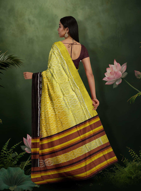 Brown & Yellow Contemporary Bandha Design Khandua Silk Saree – Handwoven Elegance