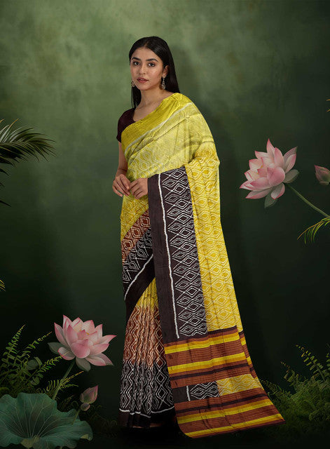 Brown & Yellow Contemporary Bandha Design Khandua Silk Saree – Handwoven Elegance