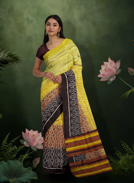 Brown & Yellow Contemporary Bandha Design Khandua Silk Saree – Handwoven Elegance