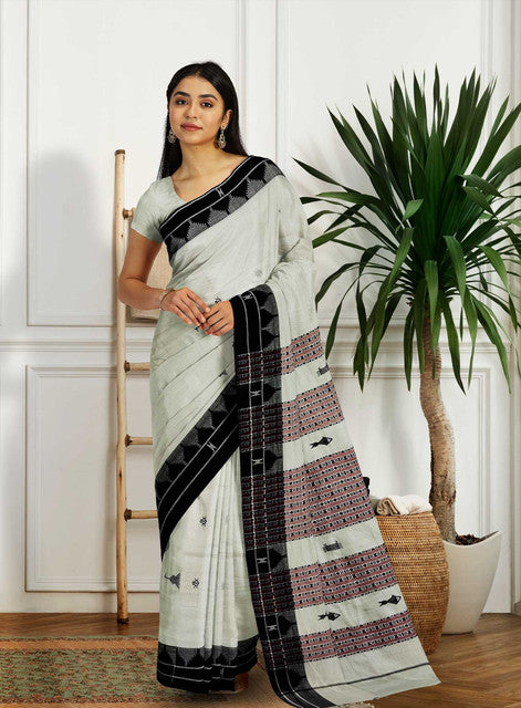 Kotpad Handwoven Cotton Saree – Natural Dyed, Small Butta Body with Heavy Fish Work on Anchal – White & Black – Traditional Odisha Weave