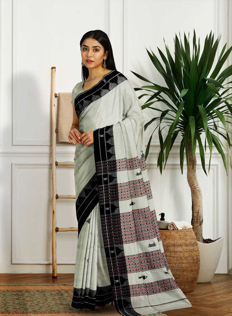 Kotpad Handwoven Cotton Saree – Natural Dyed, Small Butta Body with Heavy Fish Work on Anchal – White & Black – Traditional Odisha Weave
