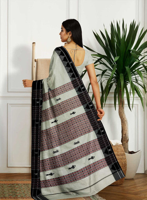 Kotpad Handwoven Cotton Saree – Natural Dyed, Small Butta Body with Heavy Fish Work on Anchal – White & Black – Traditional Odisha Weave