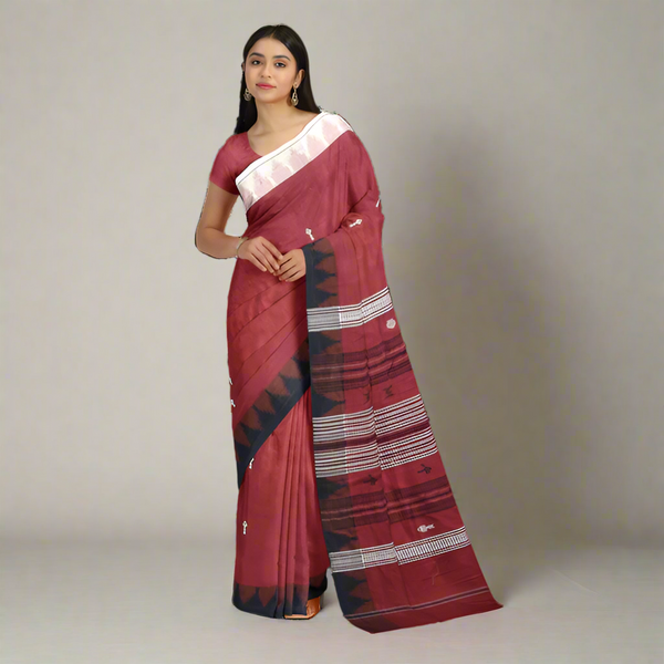 Fish Motif Whole Body Ganga Jamuna Kotpad Cotton Saree – Handwoven, Pink Brick Color, Traditional Odisha Weave