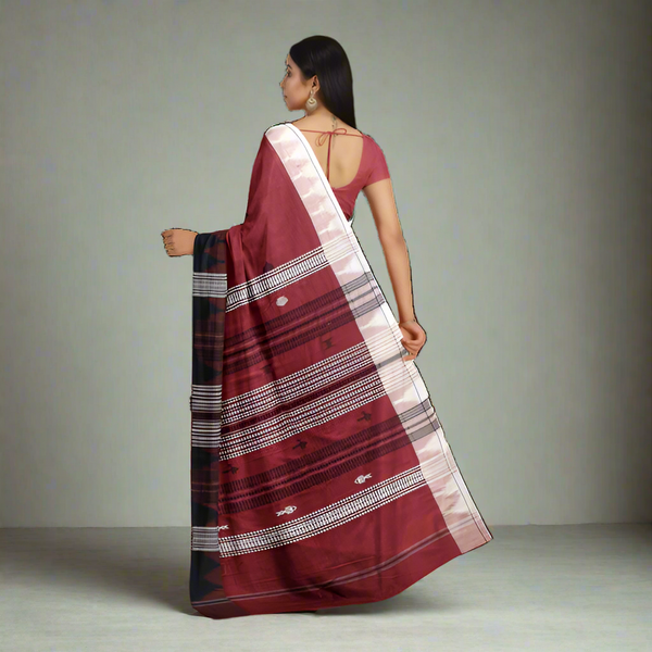 Fish Motif Whole Body Ganga Jamuna Kotpad Cotton Saree – Handwoven, Pink Brick Color, Traditional Odisha Weave