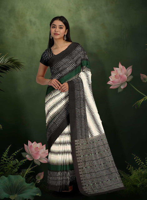 Sambalpuri Ikkat Saree – Green, White & Black with Bandha Pallu