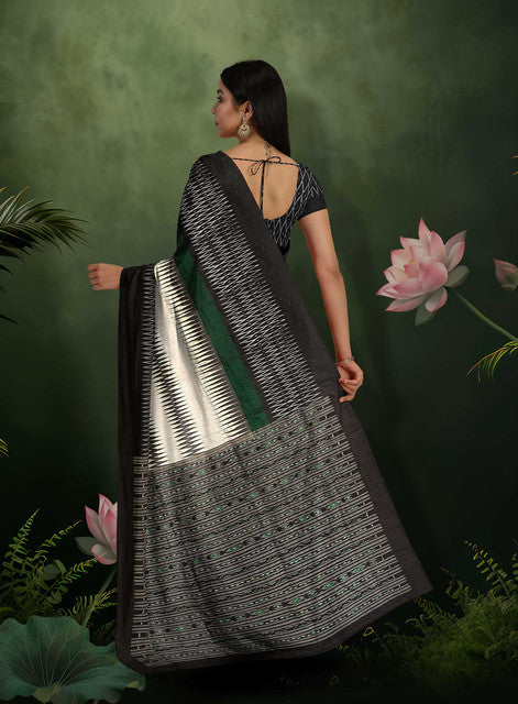 Sambalpuri Ikkat Saree – Green, White & Black with Bandha Pallu