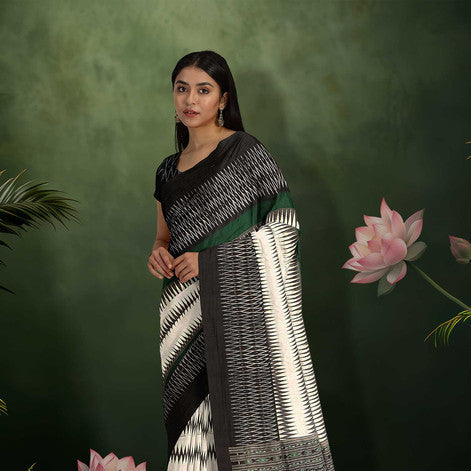 Sambalpuri Ikkat Saree – Green, White & Black with Bandha Pallu