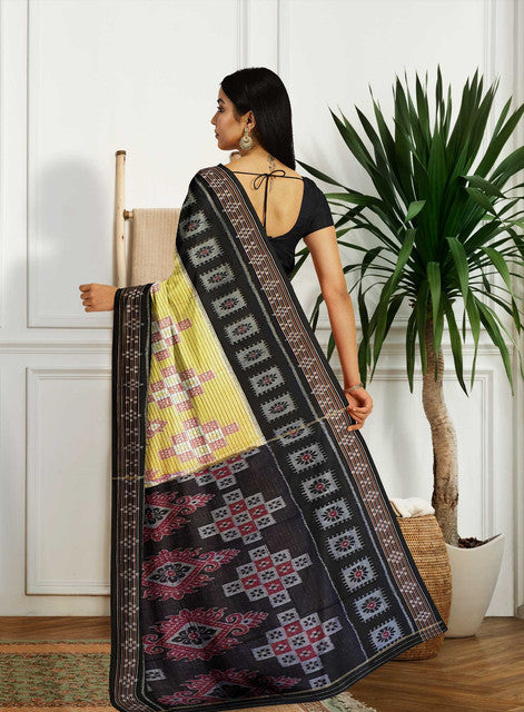 Sambalpuri Off White Striped Saree – Body Bandha Design with Black Border and Black Bandha Pallu