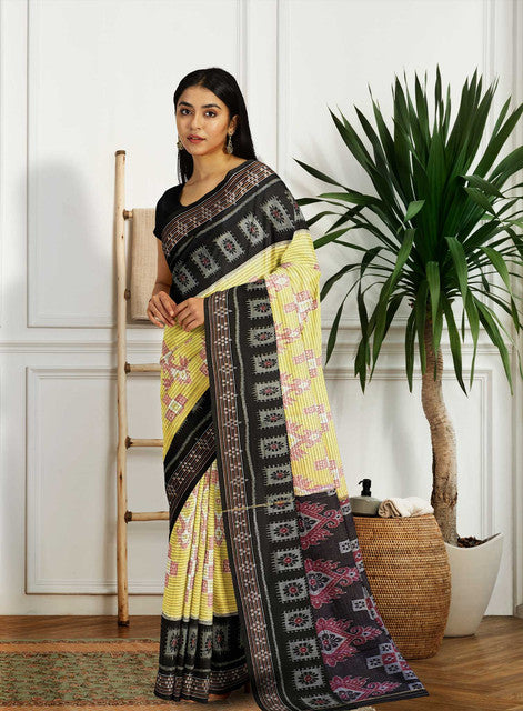 Sambalpuri Off White Striped Saree – Body Bandha Design with Black Border and Black Bandha Pallu