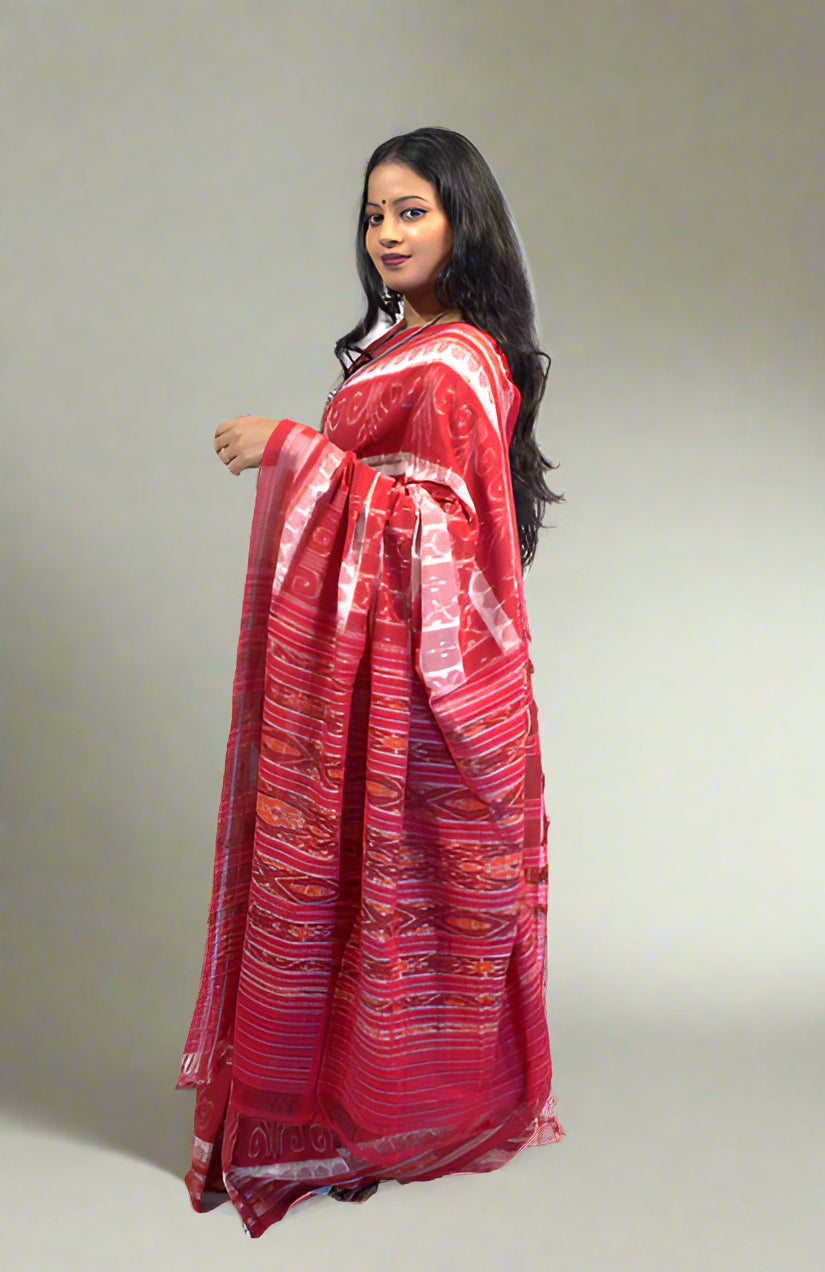 Sambalpuri Red & White Cotton Saree – Horizontal Body Bandha Design with Sambalpuri Border and Red Bandha Pallu