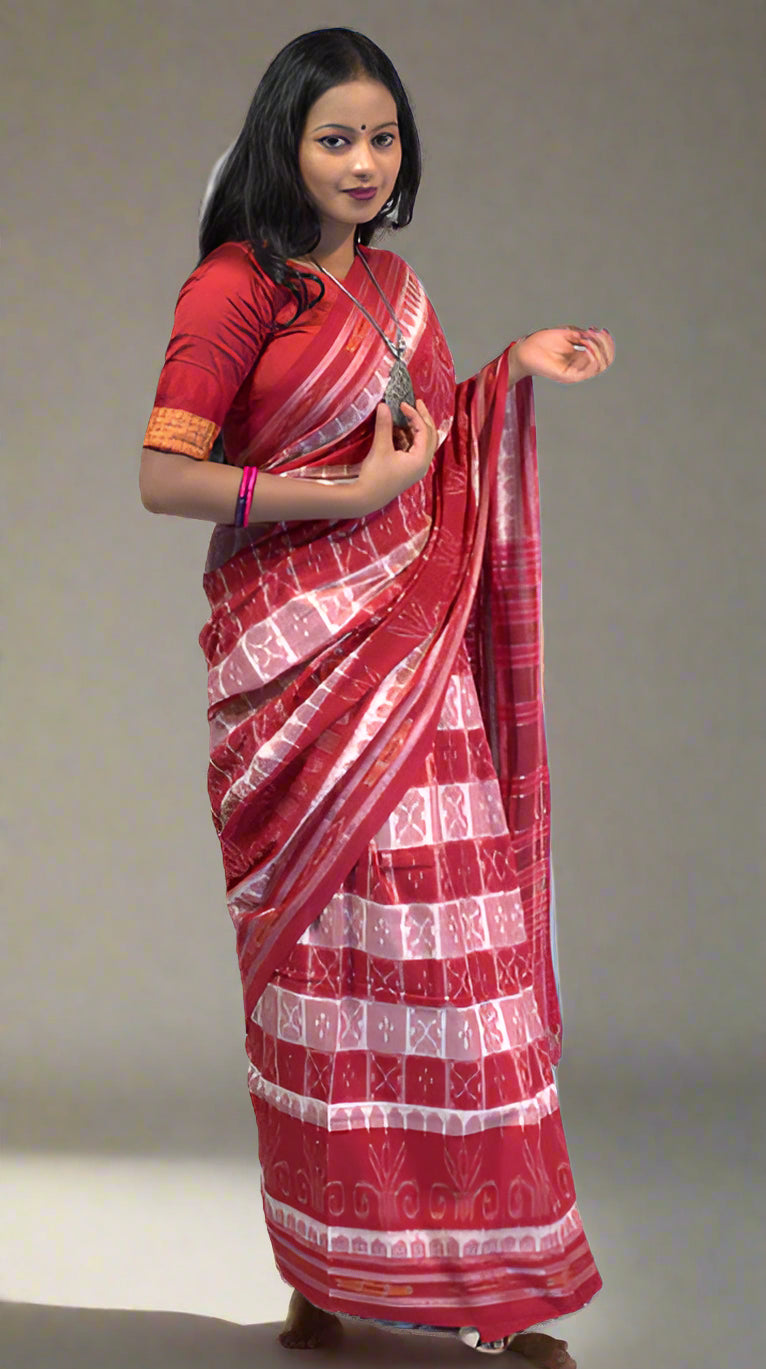 Sambalpuri Red & White Cotton Saree – Horizontal Body Bandha Design with Sambalpuri Border and Red Bandha Pallu