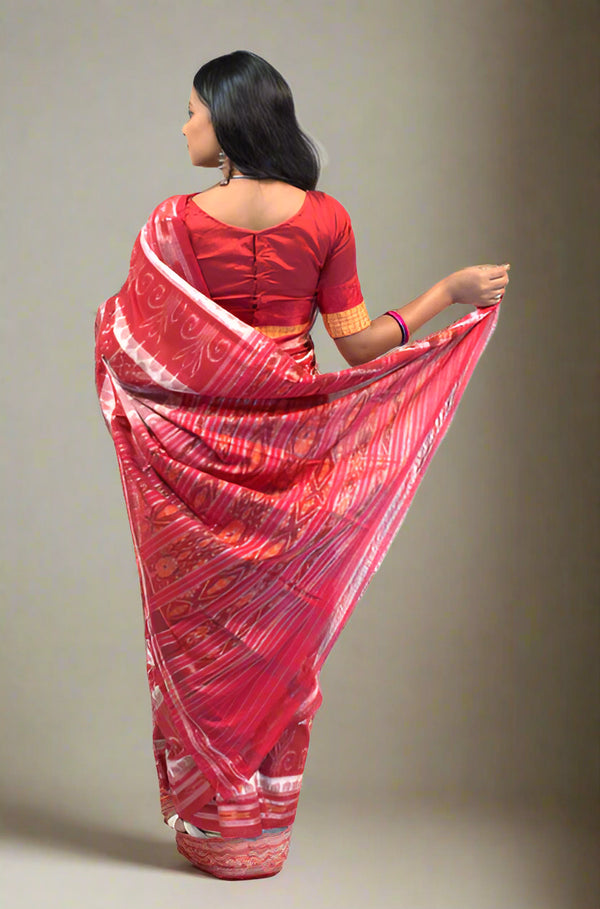 Sambalpuri Red & White Cotton Saree – Horizontal Body Bandha Design with Sambalpuri Border and Red Bandha Pallu