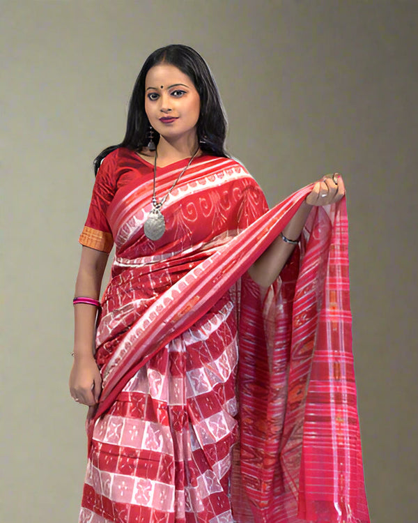 Sambalpuri Red & White Cotton Saree – Horizontal Body Bandha Design with Sambalpuri Border and Red Bandha Pallu