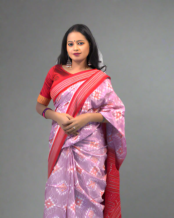 Sambalpuri Onion Color Saree – Body Bandha Design with Red Sambalpuri Border and Bandha Pallu
