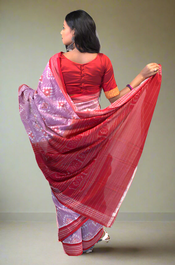 Sambalpuri Onion Color Saree – Body Bandha Design with Red Sambalpuri Border and Bandha Pallu
