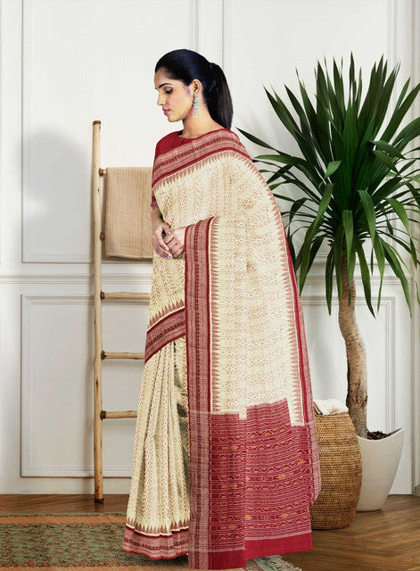 Sambalpuri Off White Saree – Vertical Body Bandha with Maroon Border and Bandha Pallu