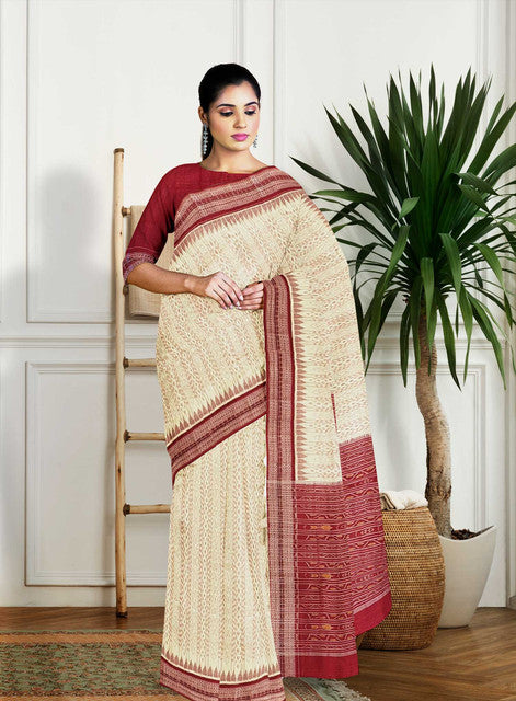 Sambalpuri Off White Saree – Vertical Body Bandha with Maroon Border and Bandha Pallu