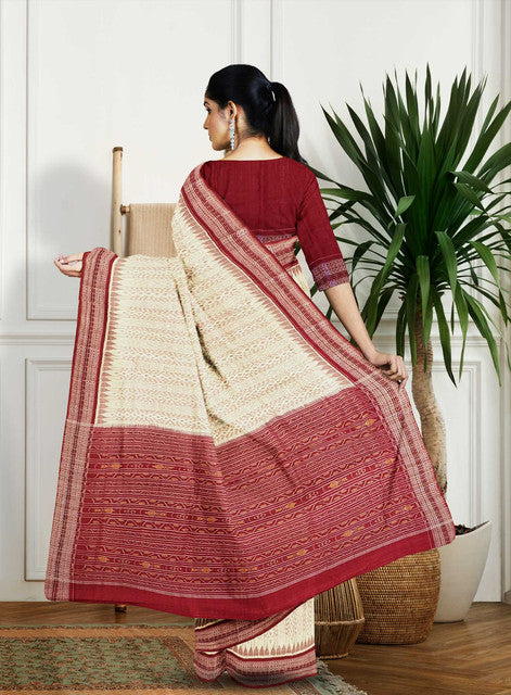 Sambalpuri Off White Saree – Vertical Body Bandha with Maroon Border and Bandha Pallu