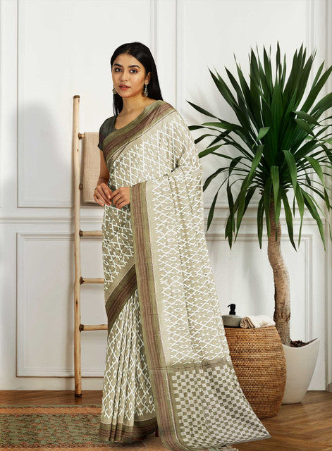 Sambalpuri Light Green Saree – Body Bandha with Mehendi Green Sambalpuri Border and Checkerboard Design