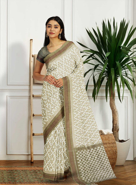 Sambalpuri Light Green Saree – Body Bandha with Mehendi Green Sambalpuri Border and Checkerboard Design