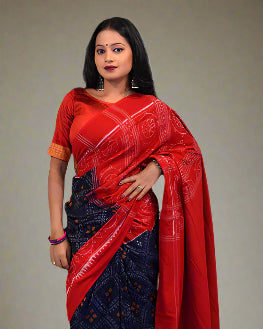 Sambalpuri Blue Body Saree – Bandha Design with Red Bandha Border and Pallu