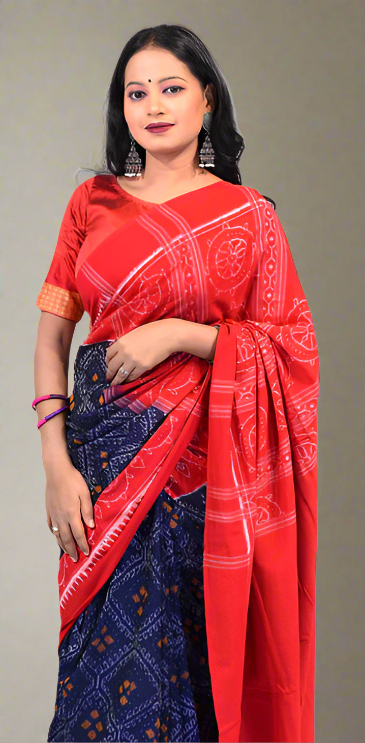 Sambalpuri Blue Body Saree – Bandha Design with Red Bandha Border and Pallu
