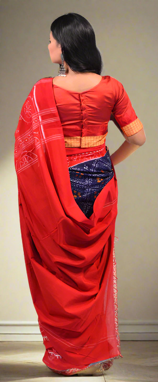 Sambalpuri Blue Body Saree – Bandha Design with Red Bandha Border and Pallu