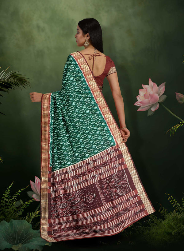 Sambalpuri Green Body Saree – Bandha Design with Maroon Border and Bandha Pallu Ikkat Style
